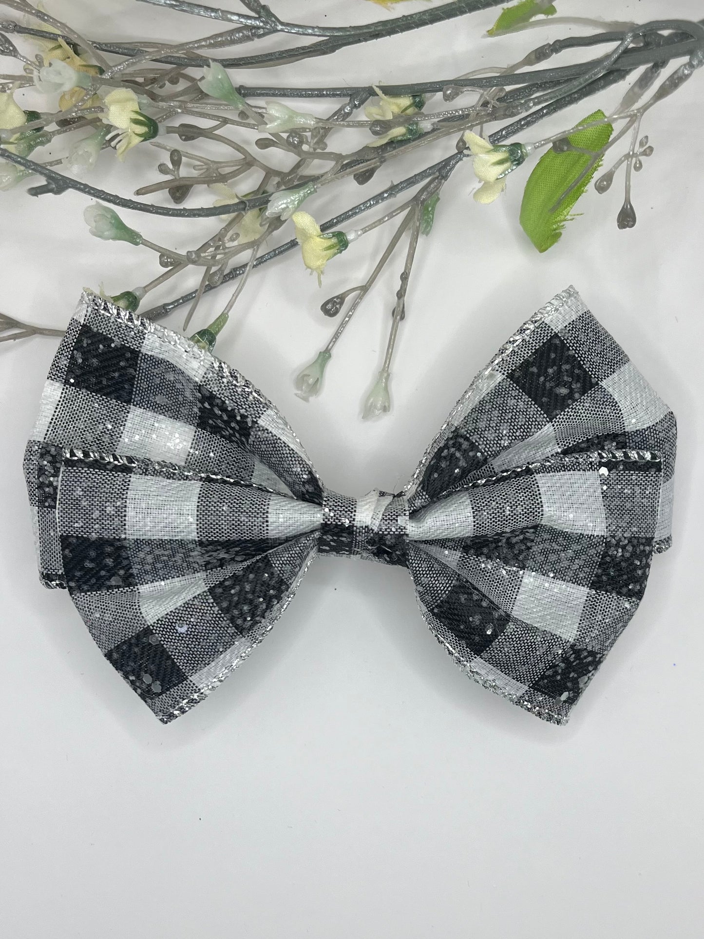 Black & white plaid sparkle taffeta overlap clip in hair bow