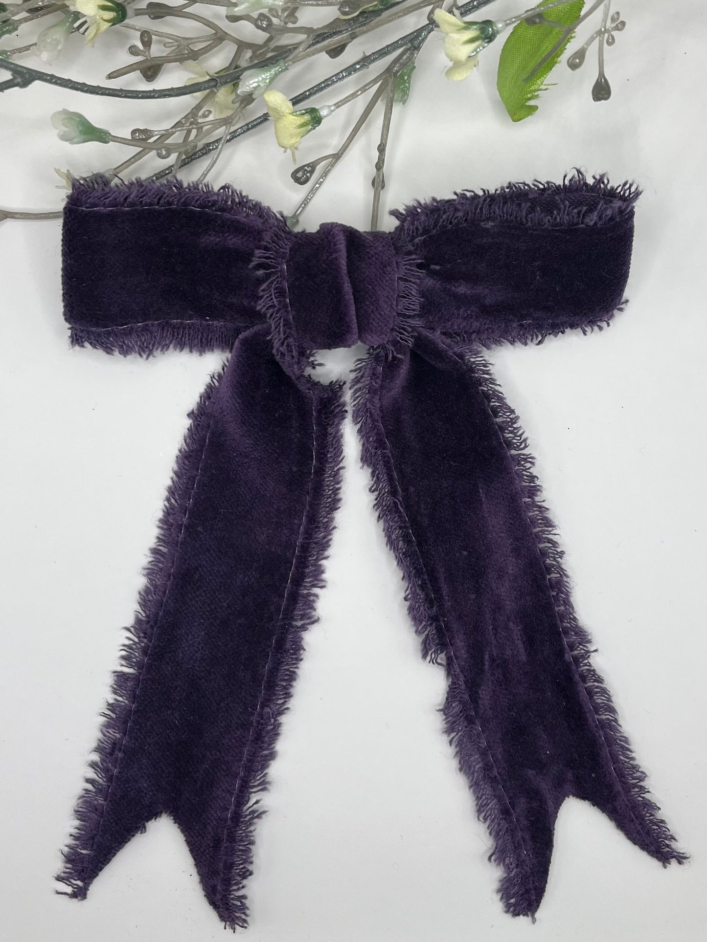 Purple velvet fringe edge long tail clip in hair bow