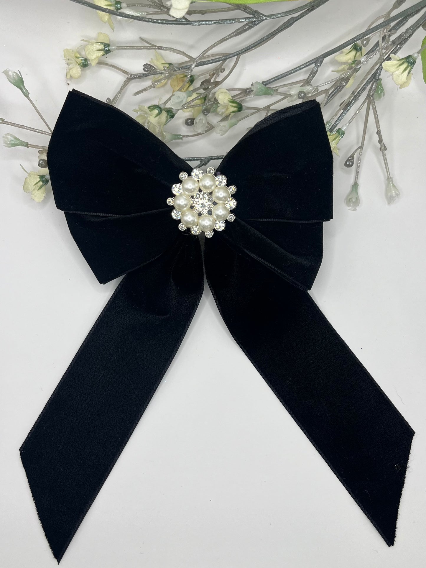 Black butterfly pinch pearl rhinestone center long tail clip in hair bow