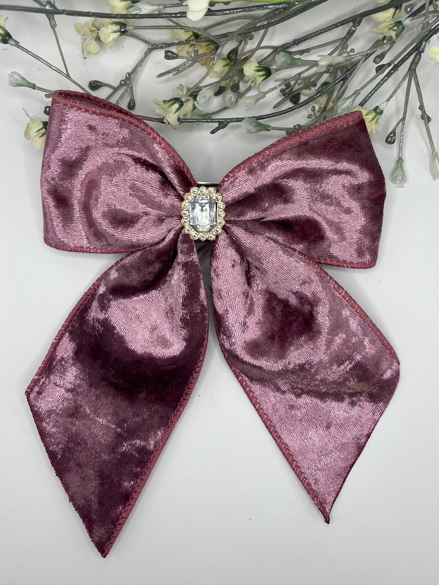 Mauve velvet rhinestone center long tail clip in hair bow