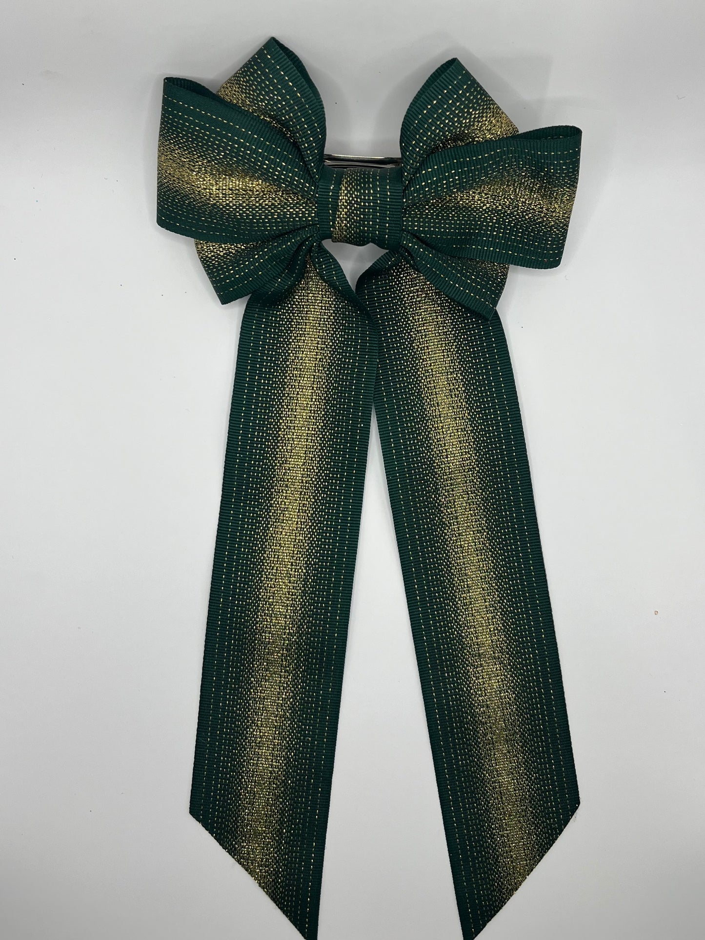 Green & gold triple layer long tail clip in hair bow