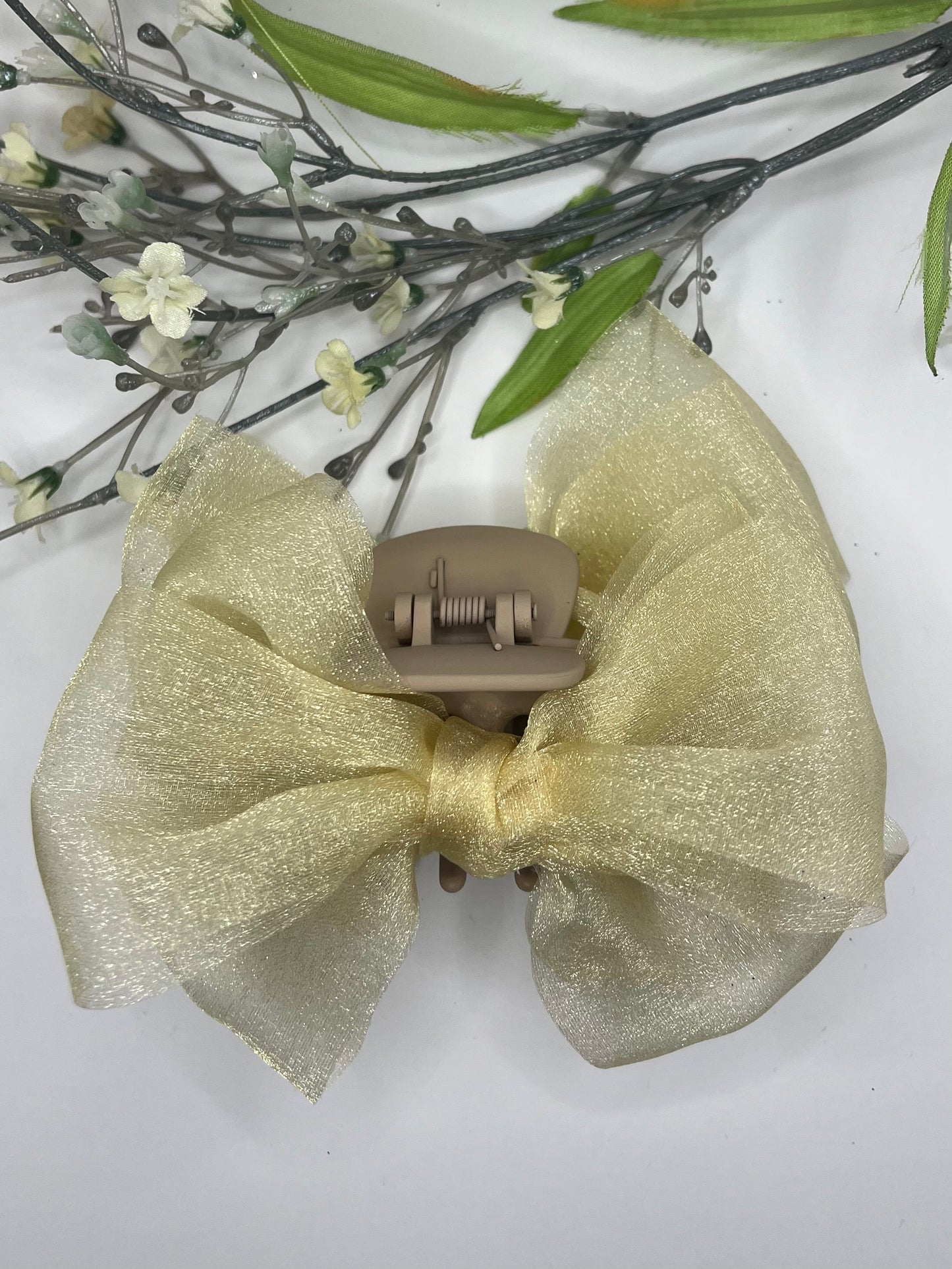 Champagne organza triple layer bow large claw clip