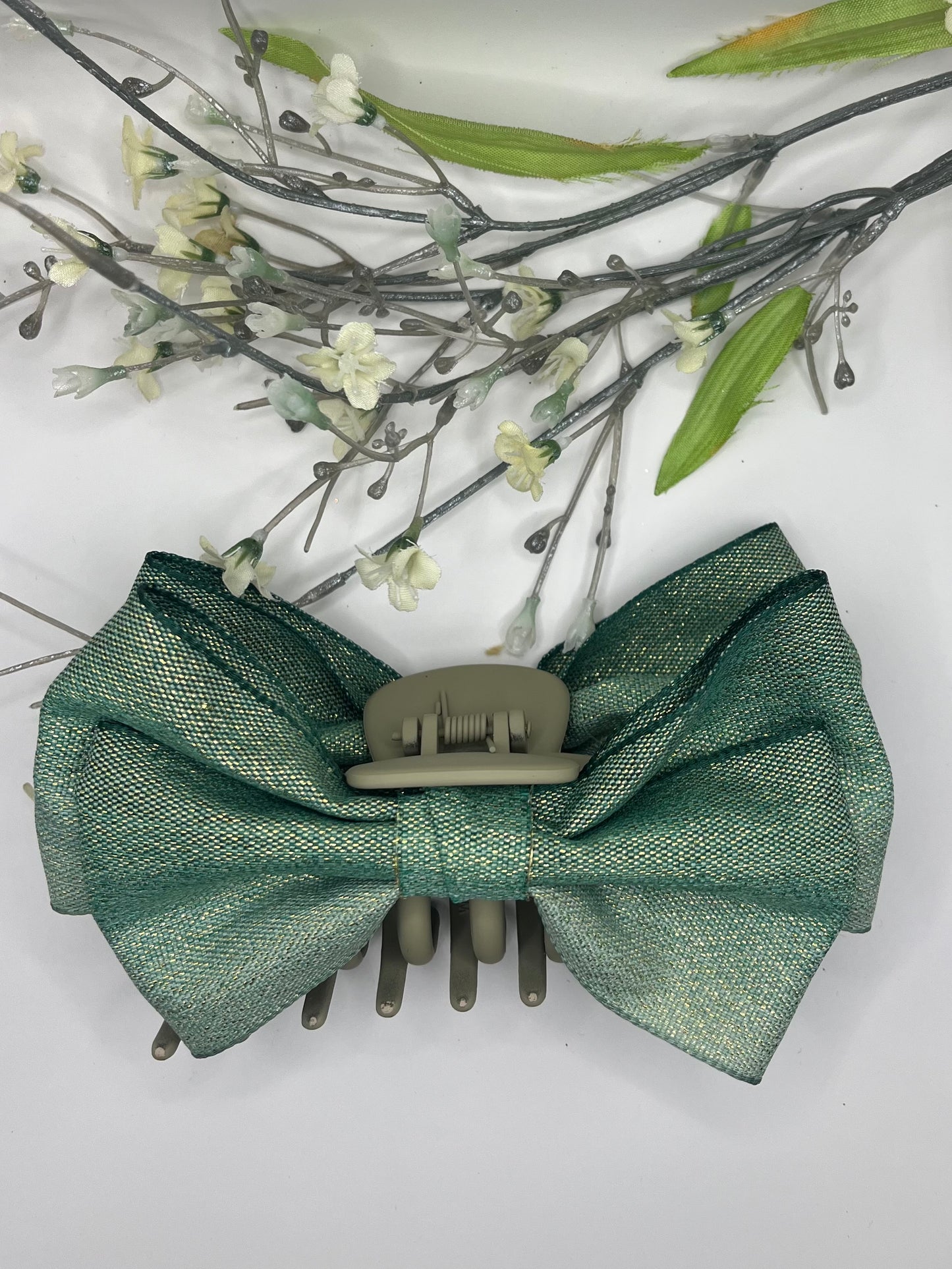 Green ombre with gold speckle bow large claw clip