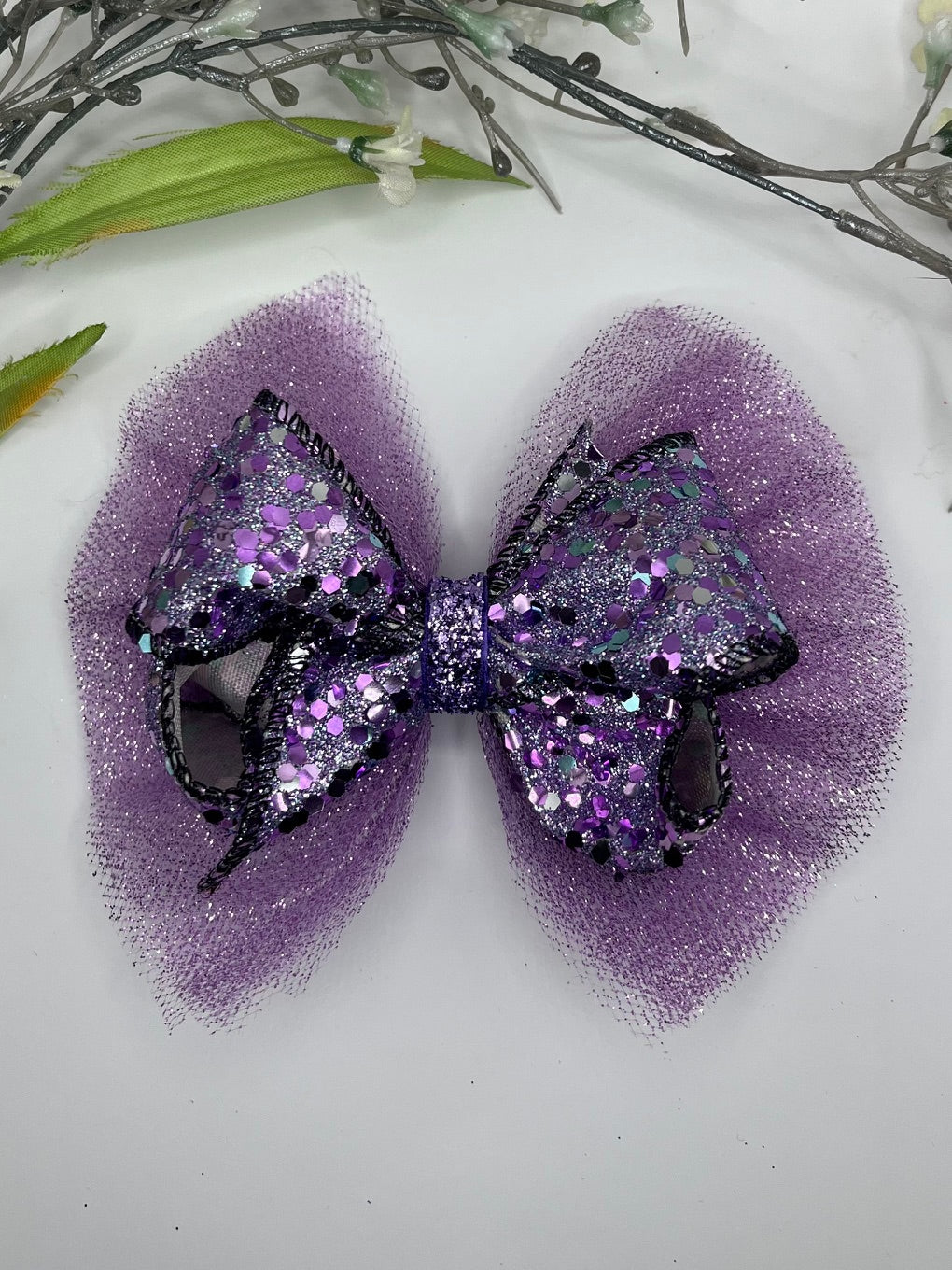 Purple glitter twisted boutique over sparkle tulle clip in hair bow