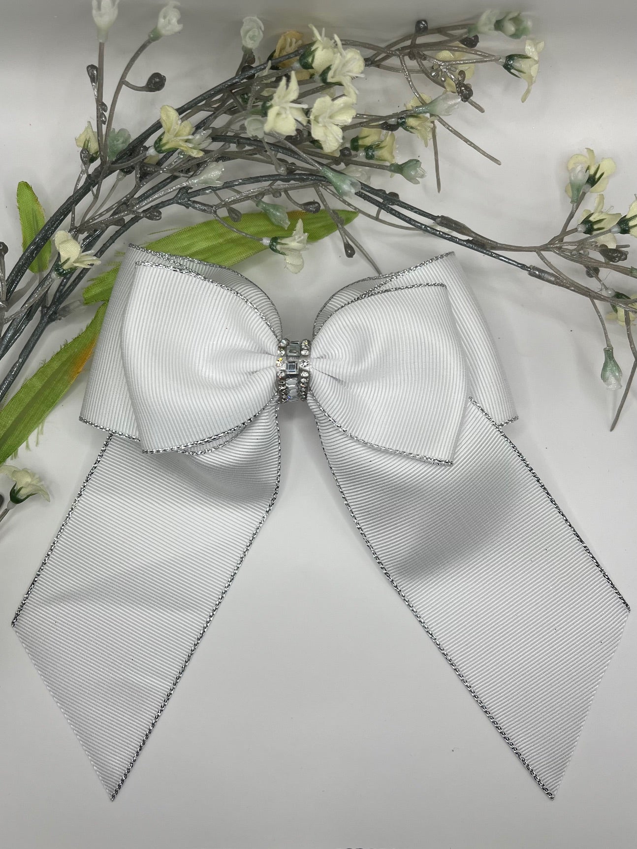 White with silver edge double layer long tail clip in hair bow