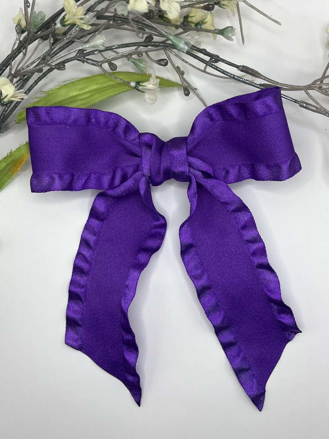 Purple scallop edge long tail clip in hair bow