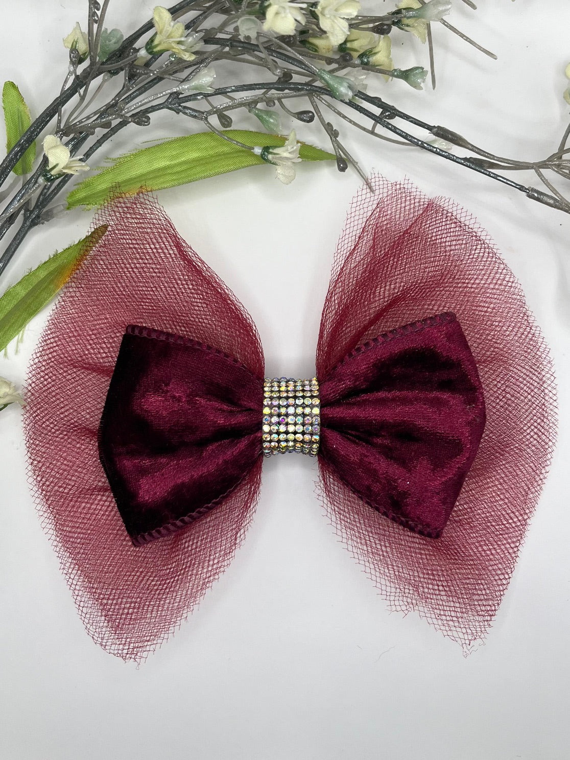 Berry velvet over tulle with rhinestone center clip in hair bow