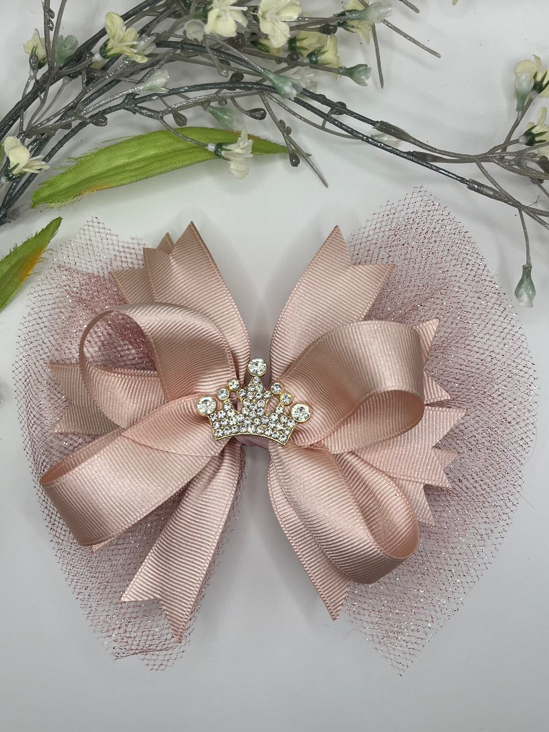 Rose triple layer bow with rhinestone crown center clip in hair bow
