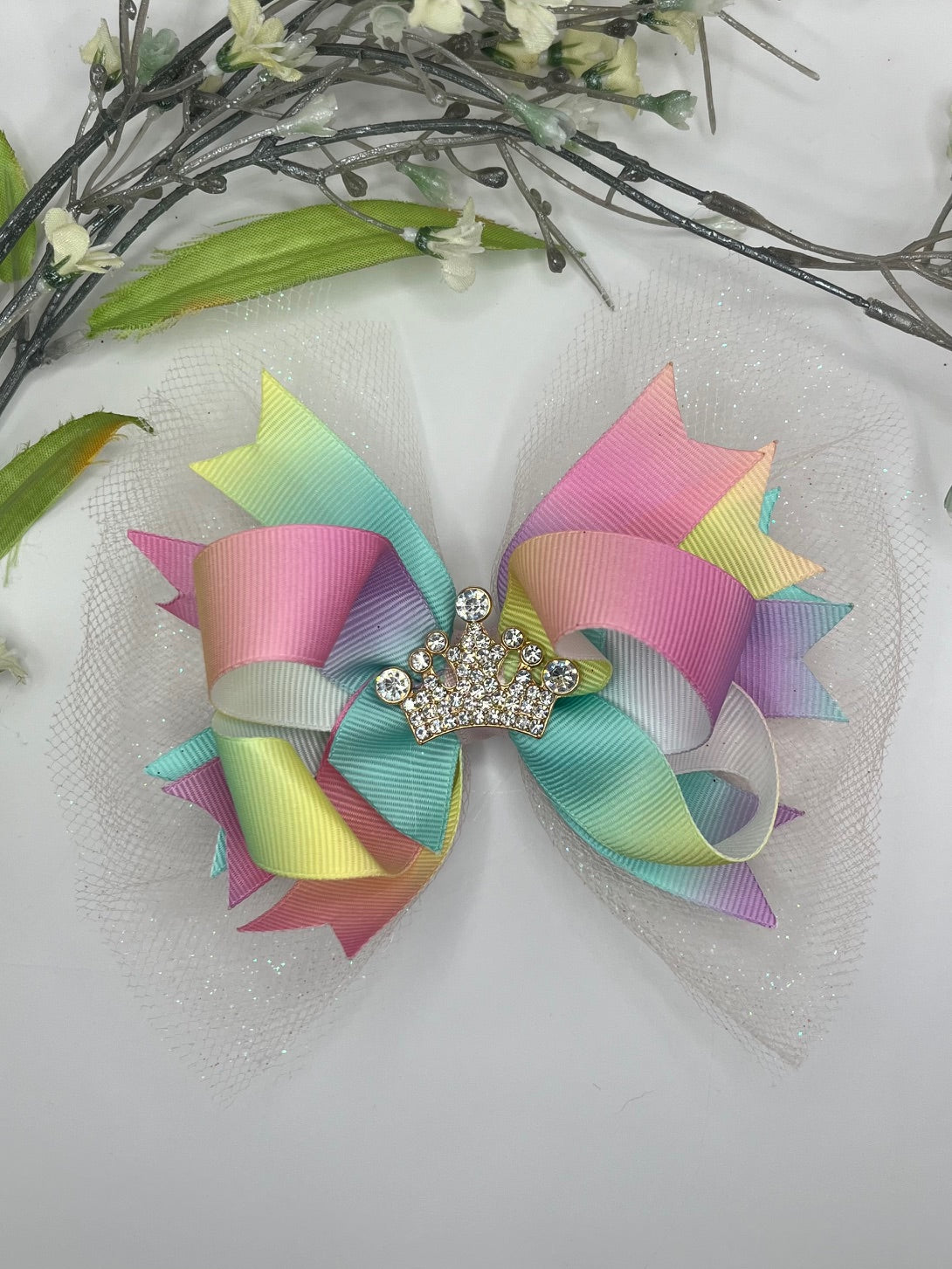 Pastel ombre triple layer with rhinestone crown center clip in hair bow