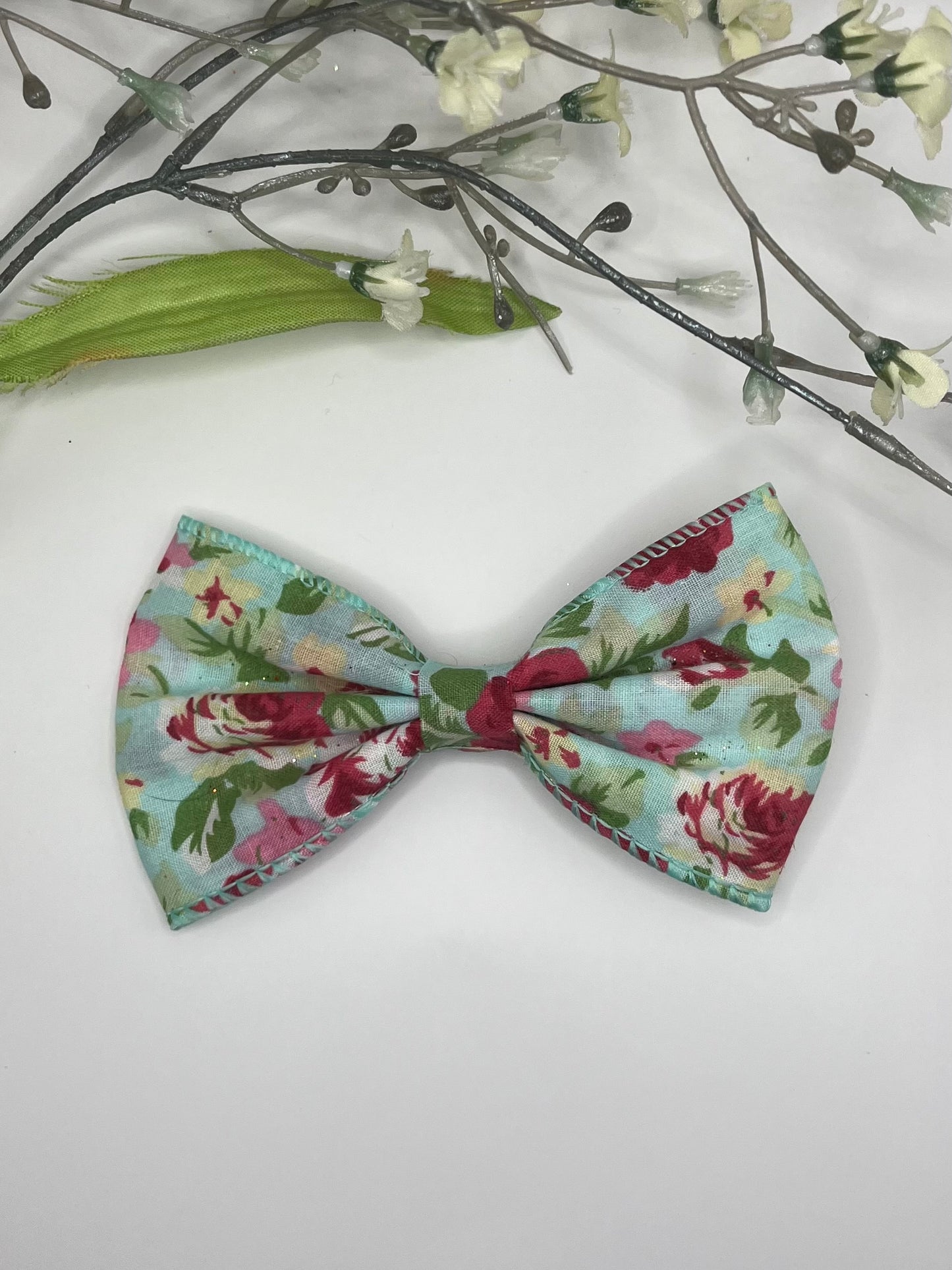 Dusty blue & pink floral pinch clip in hair bow