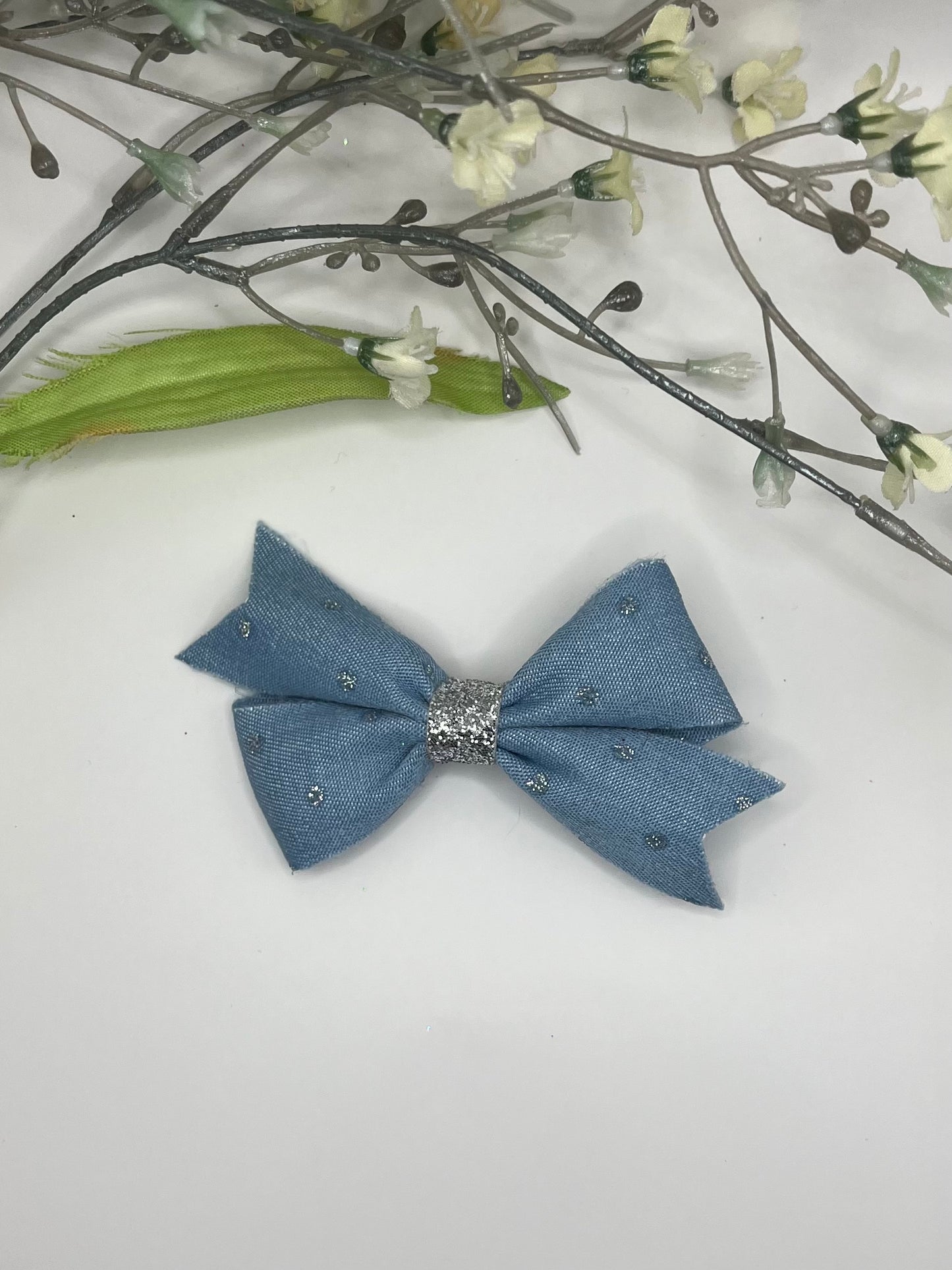 Denim silver dot crisscross clip in hair bow
