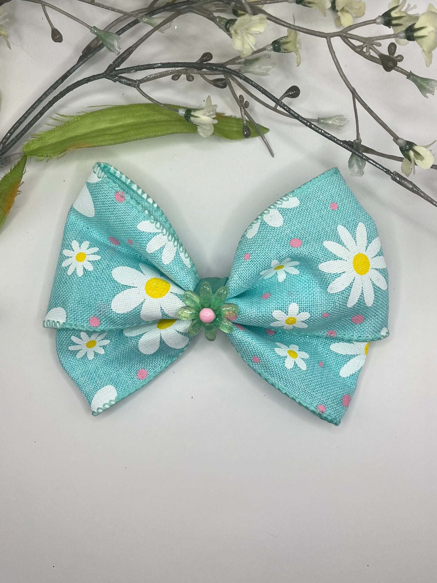 Teal daisy butterfly pinch clip in hair bow