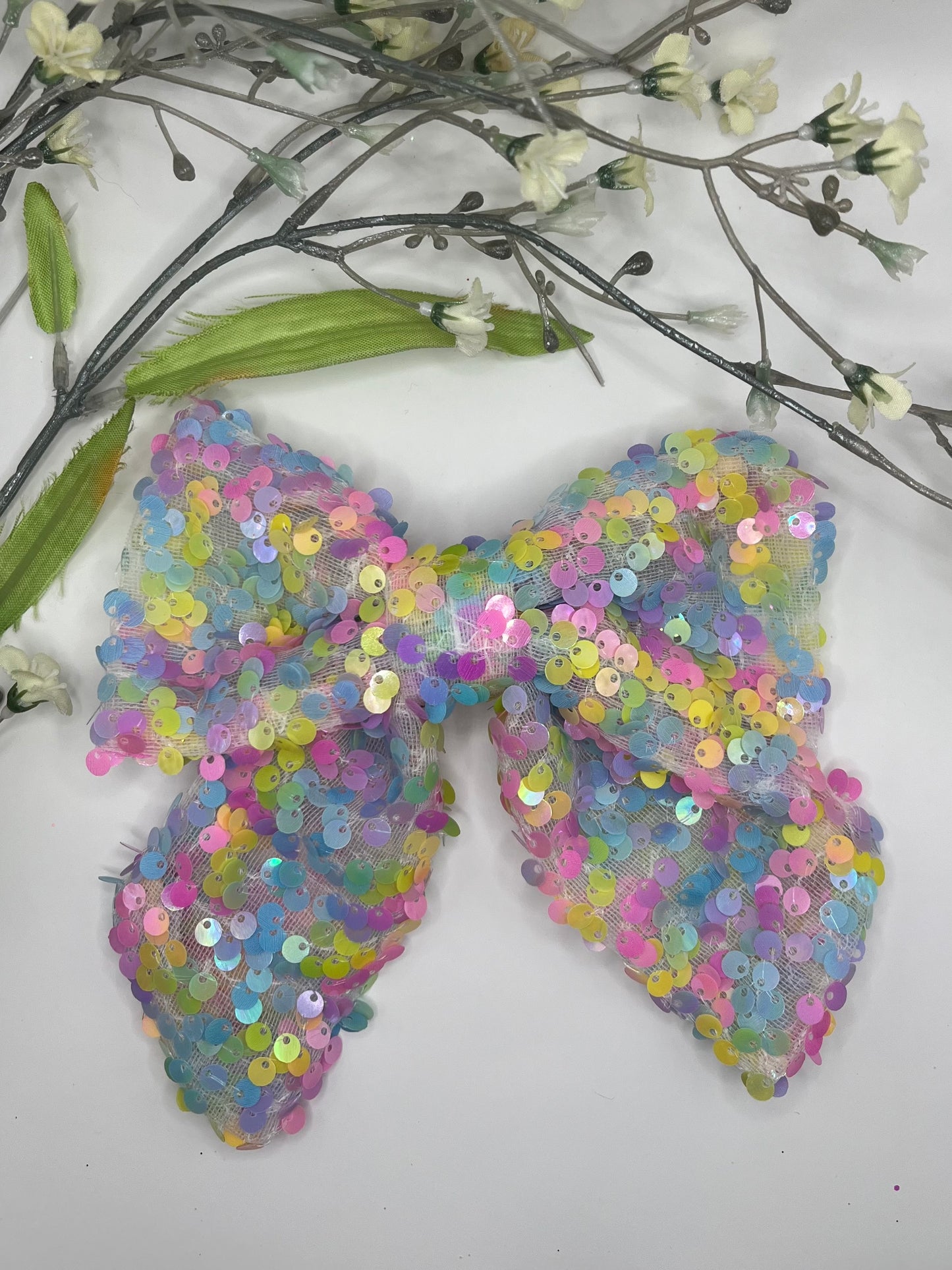 Rainbow sequin mesh tail clip in hair bow