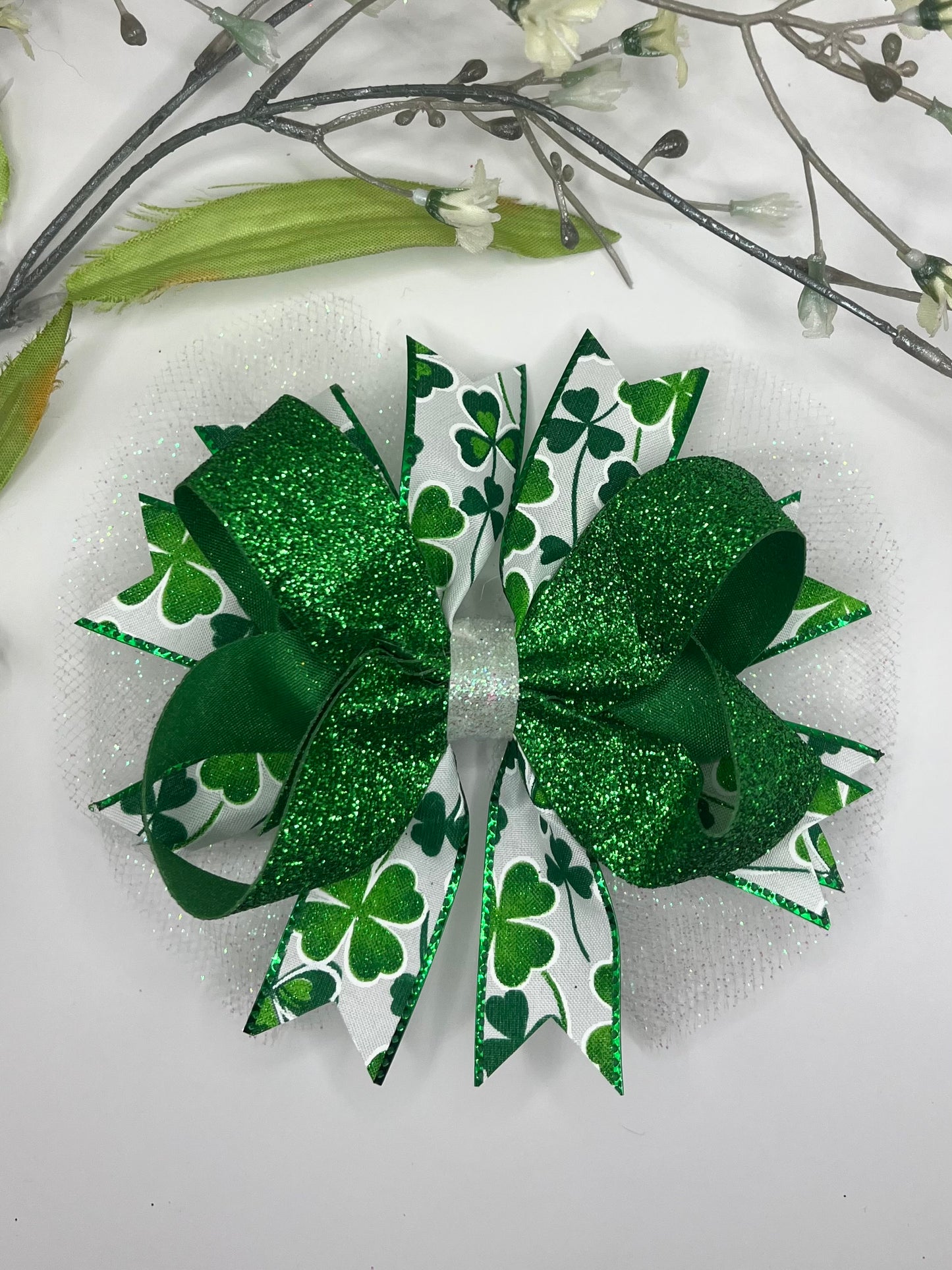 Green clover triple layer printed clip in hair bow