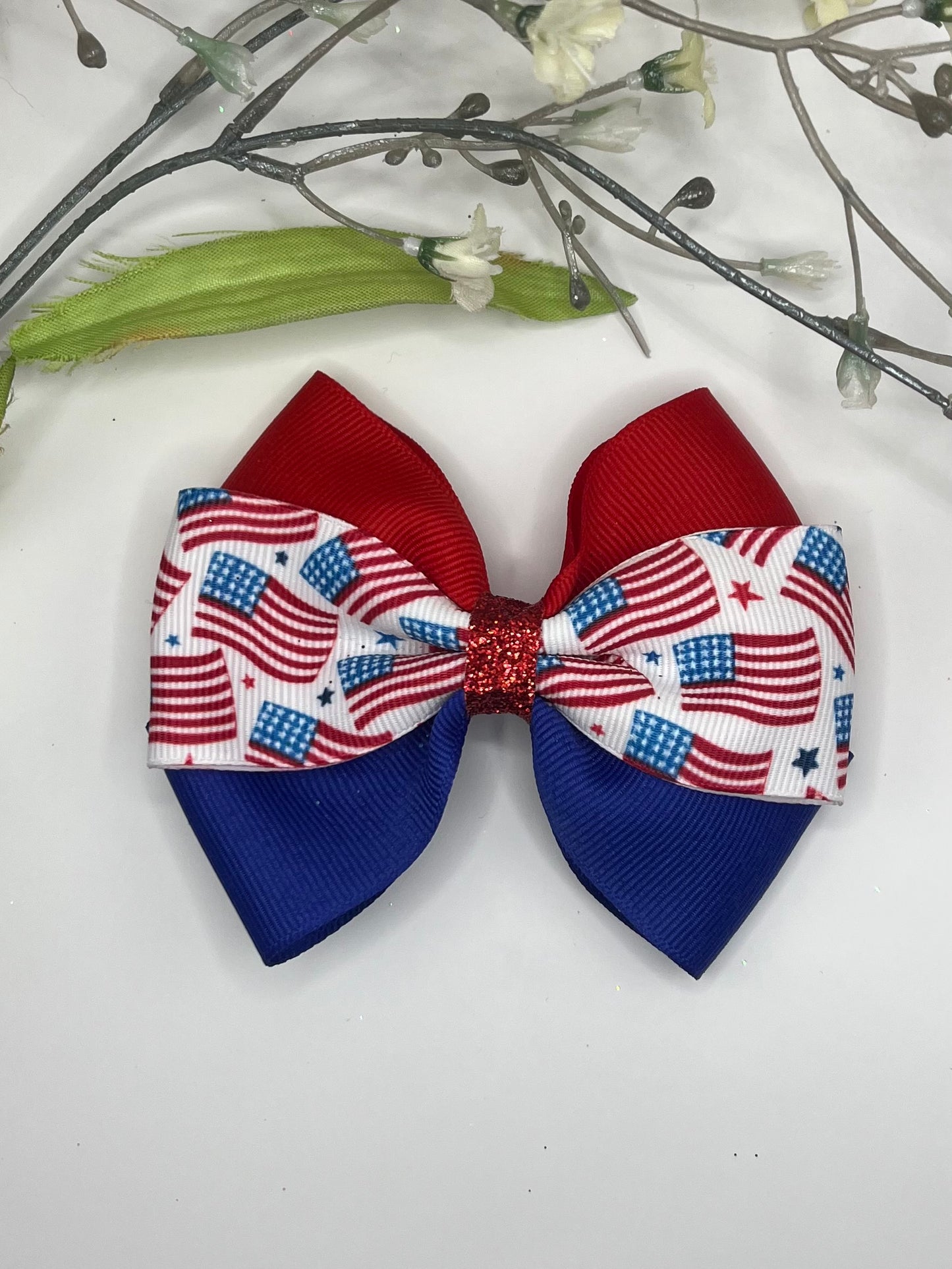American flag print tuxedo clip in hair bow