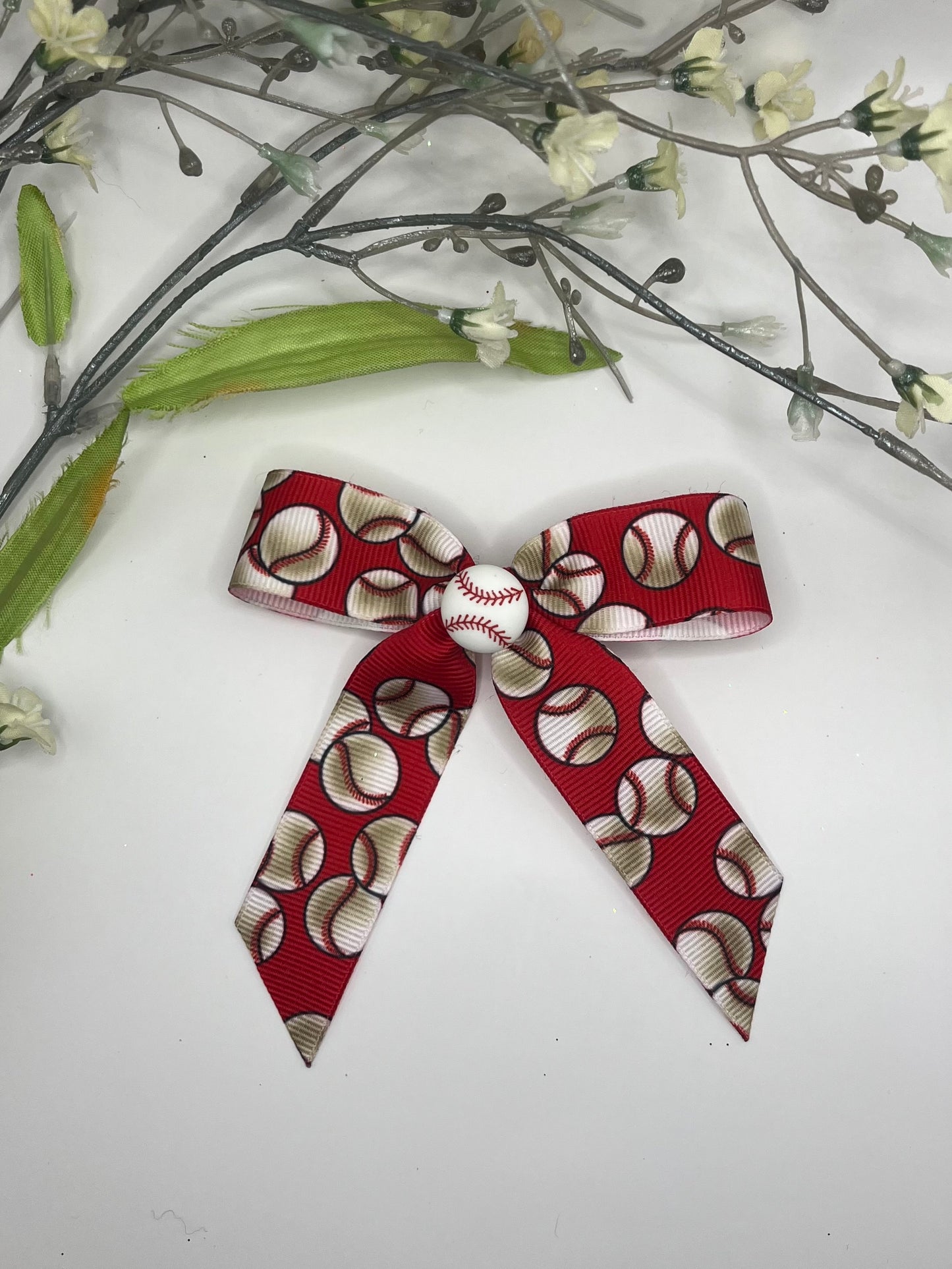 Red & white baseball print with baseball charm long tail clip in hair bow