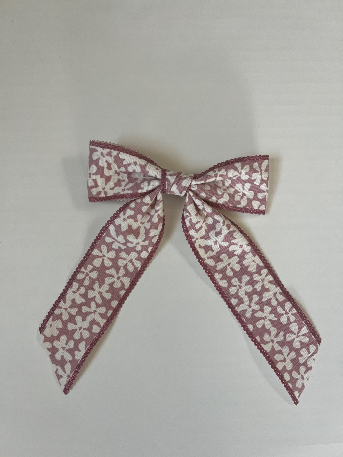Mauve and ivory floral print long tail clip in hair bow