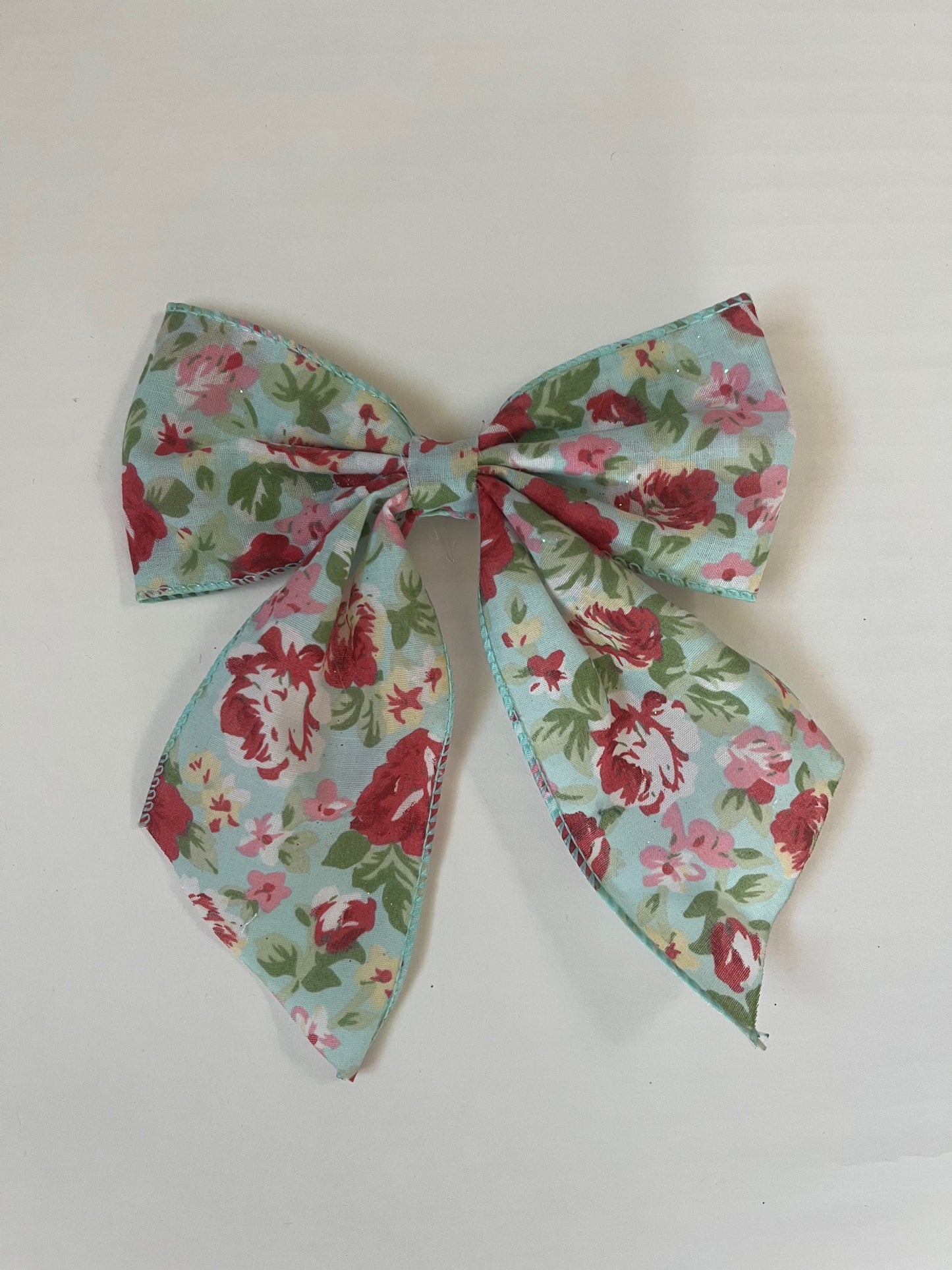 Dusty blue & pink floral print tail clip in hair bow