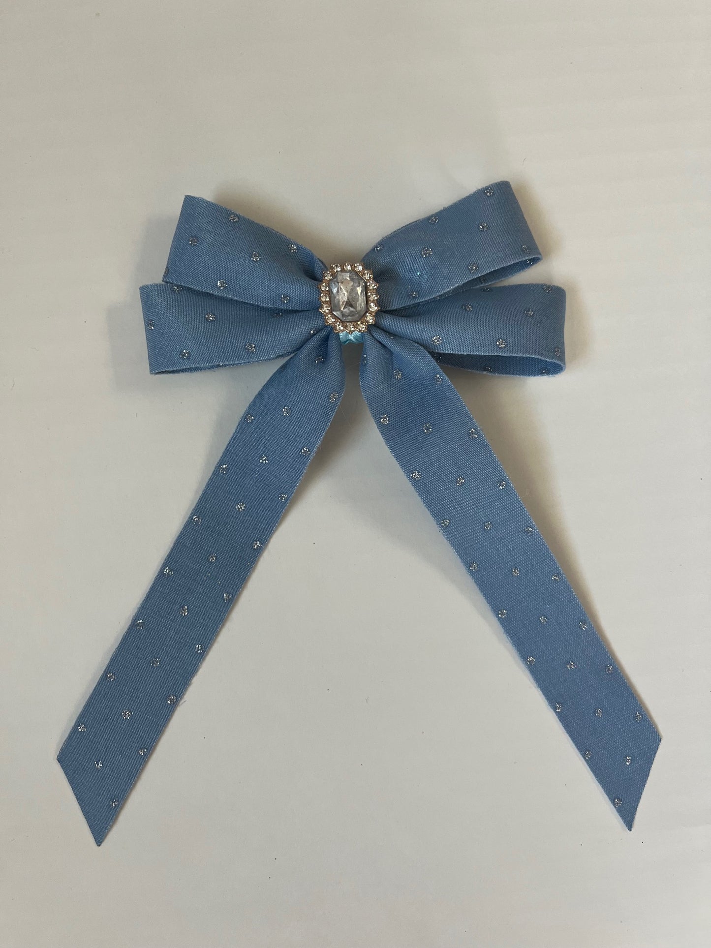Light denim with silver polka dot double layer long tail clip in hair bow