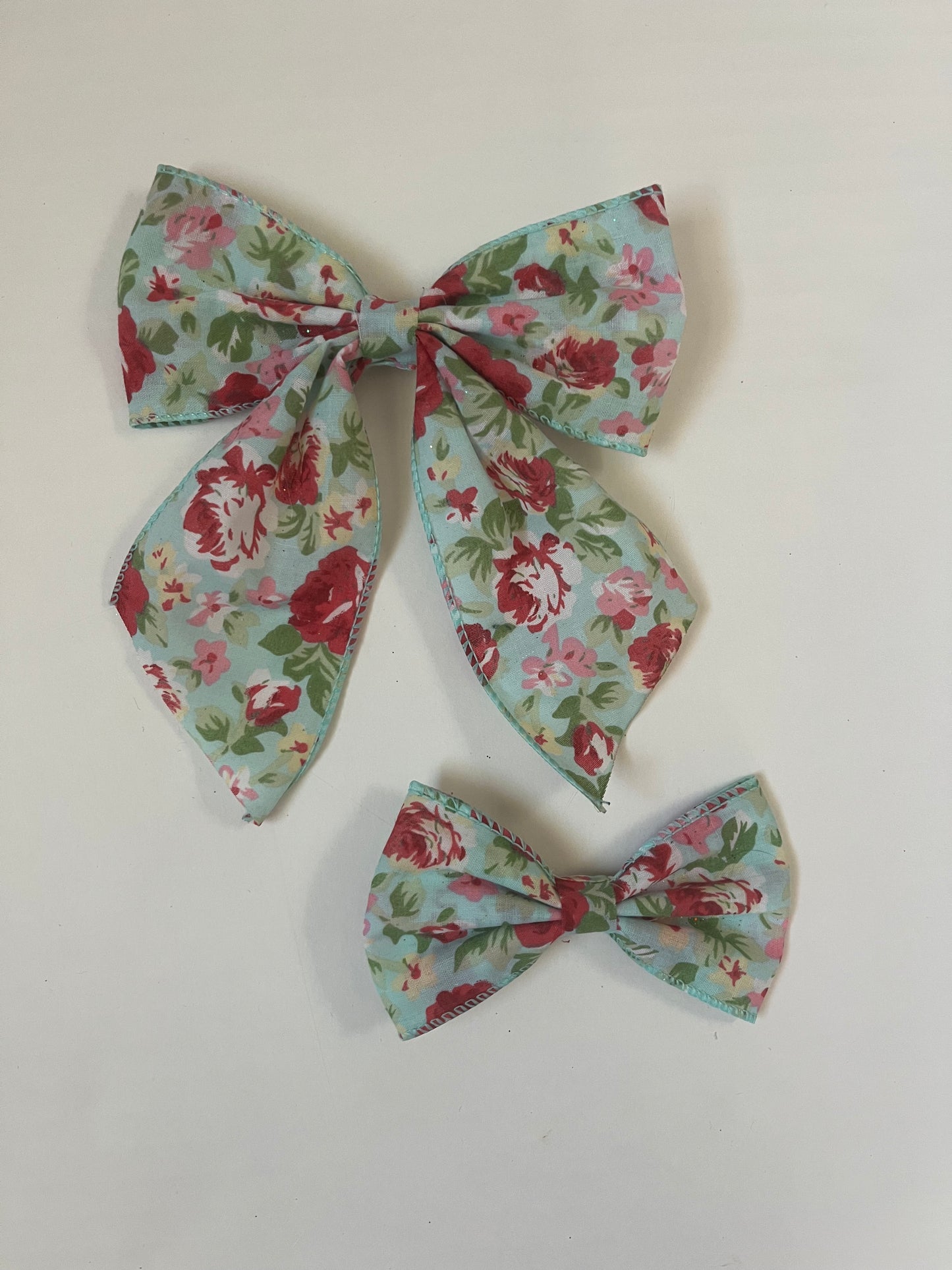 Dusty blue & pink floral pinch clip in hair bow