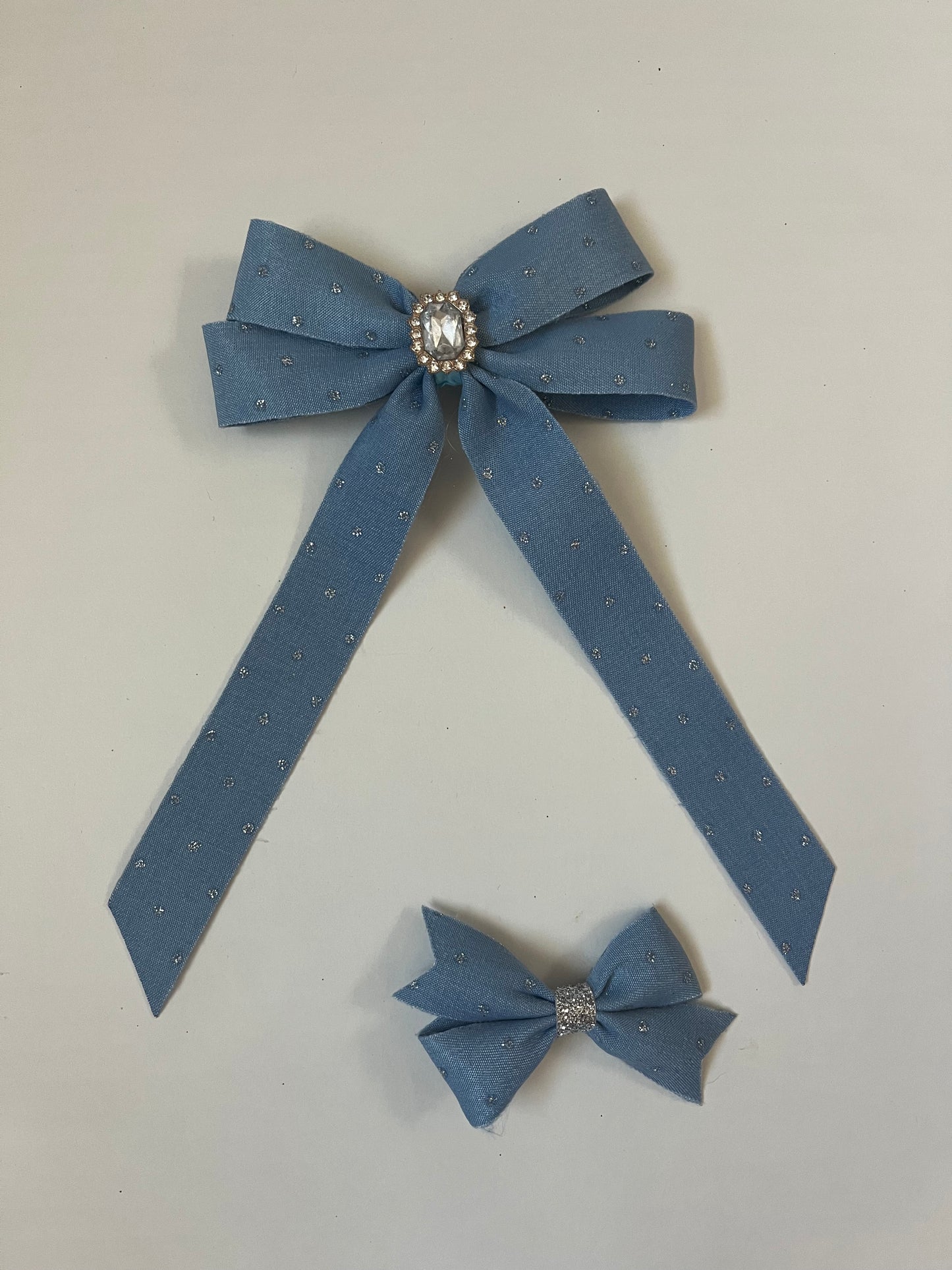 Denim silver dot crisscross clip in hair bow
