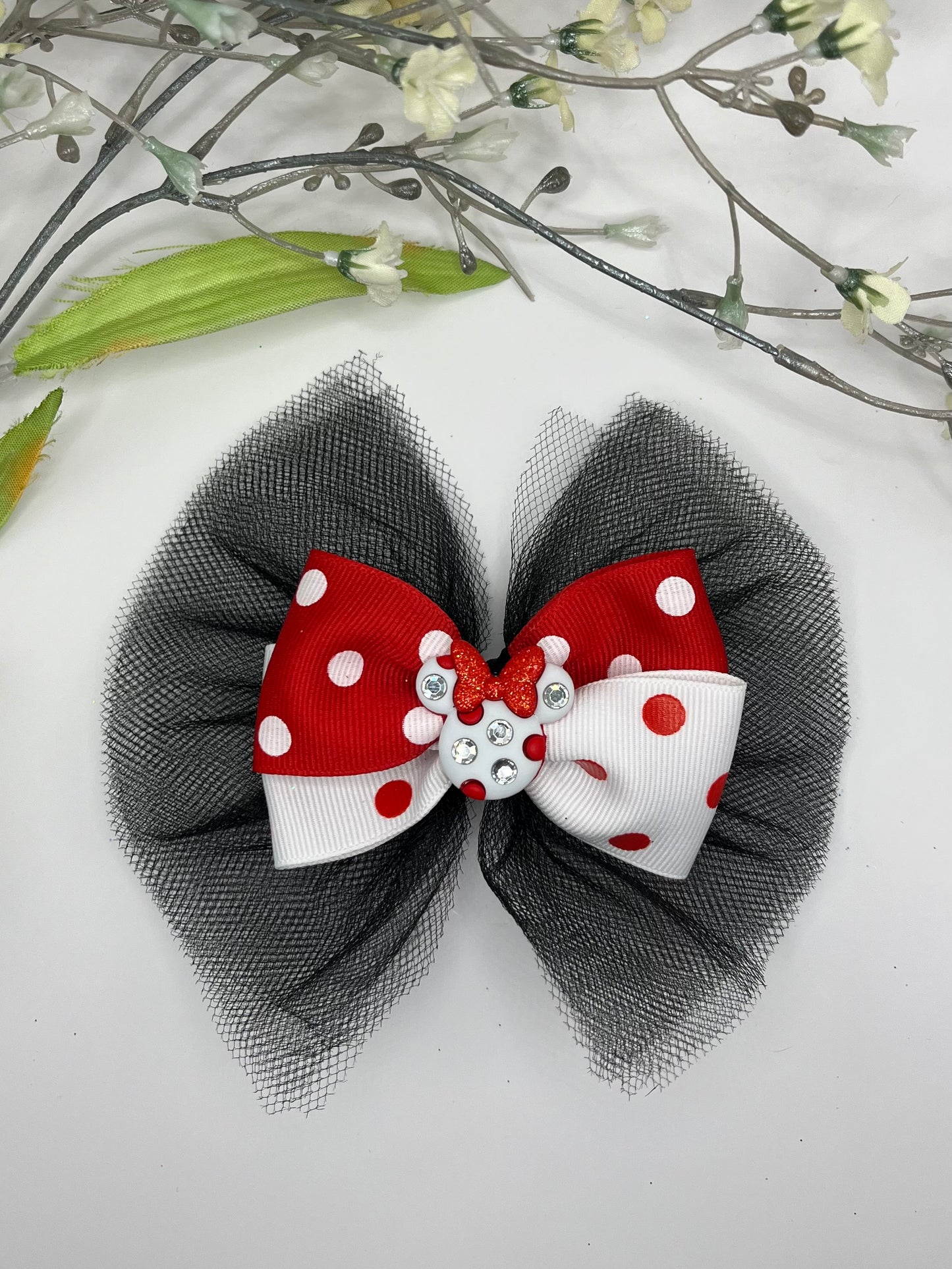 Minnie Mouse black, red and white clip in hair bow