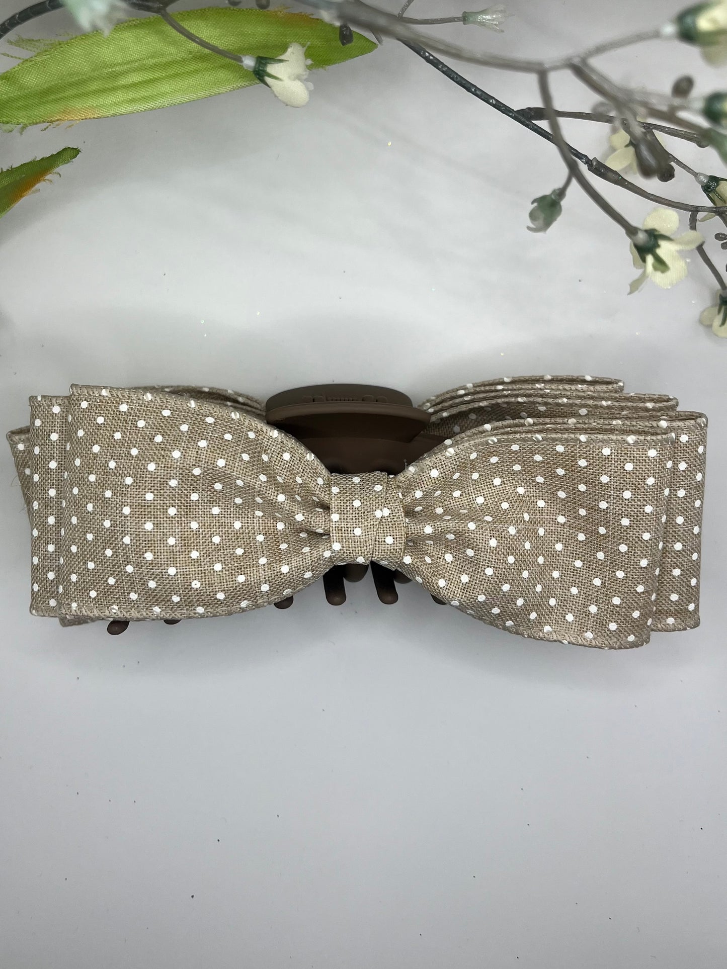 Nude and white polka dot large claw clip