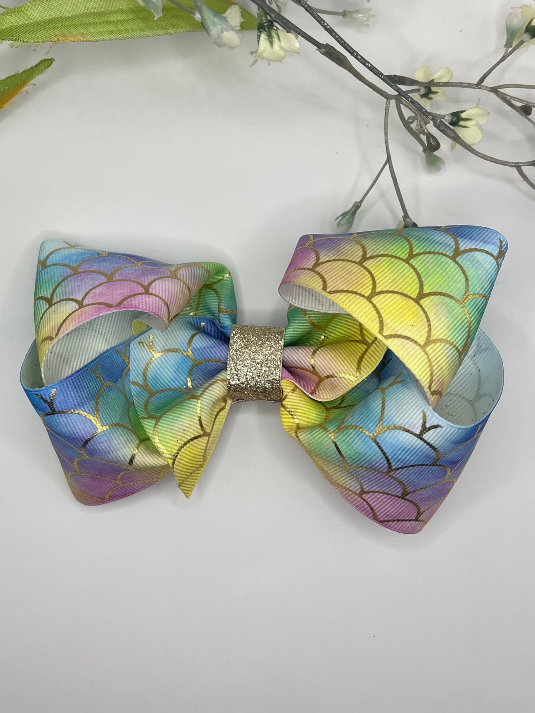 Mermaid print twisted boutique clip in hair bow
