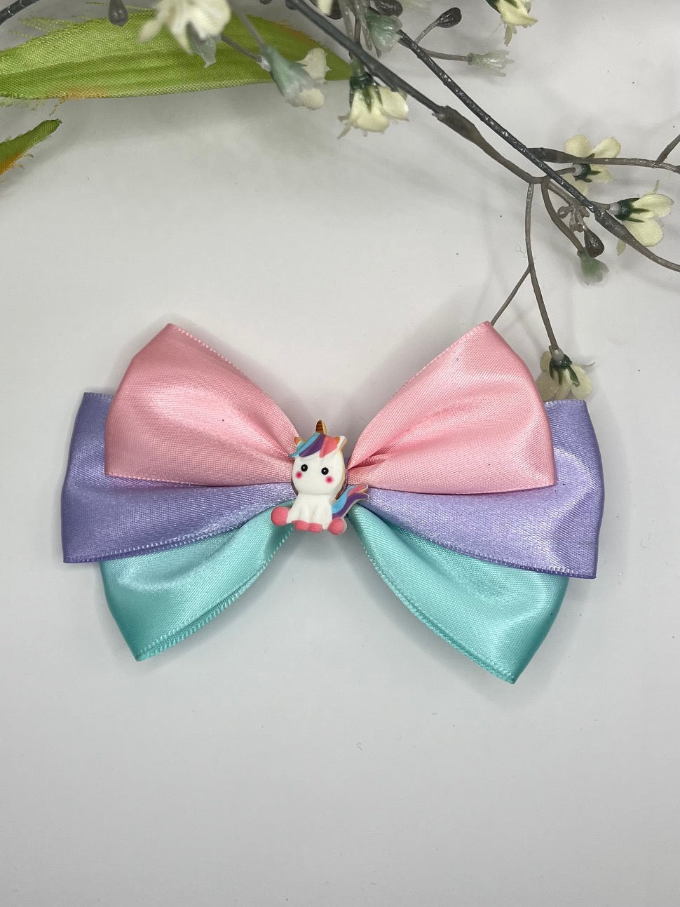 Unicorn satin tri color with charm clip in hair bow