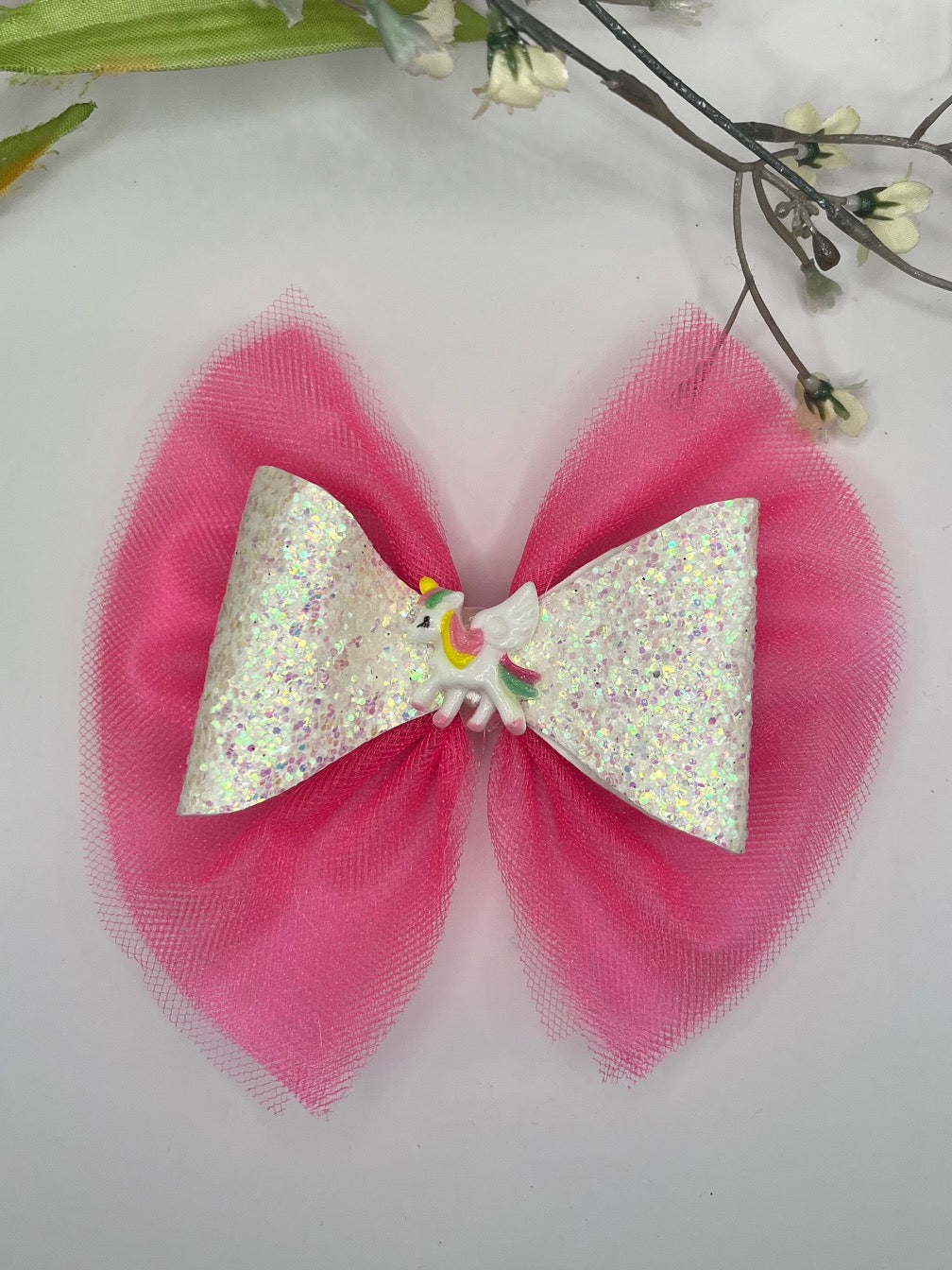 Pink tulle w/ white glitter faux leather unicorn clip in hair bow