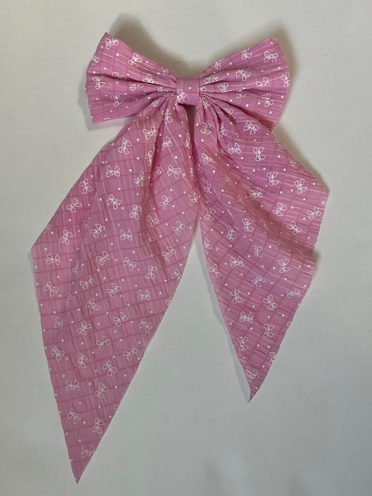 Pink and white bow print crinkle chiffon long tail clip in hair bow