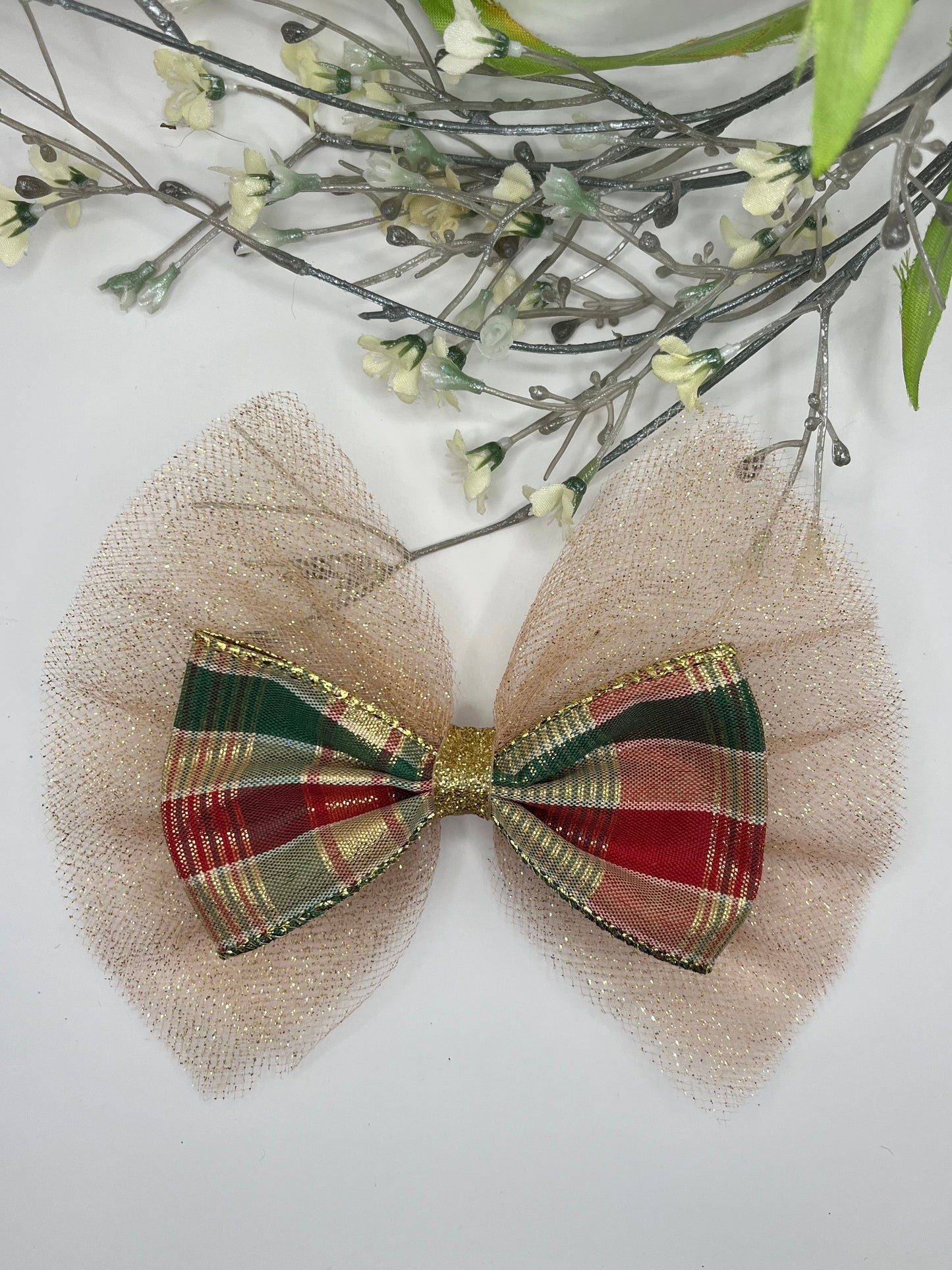 Gold tulle with gold, green & red plaid clip in hair bow