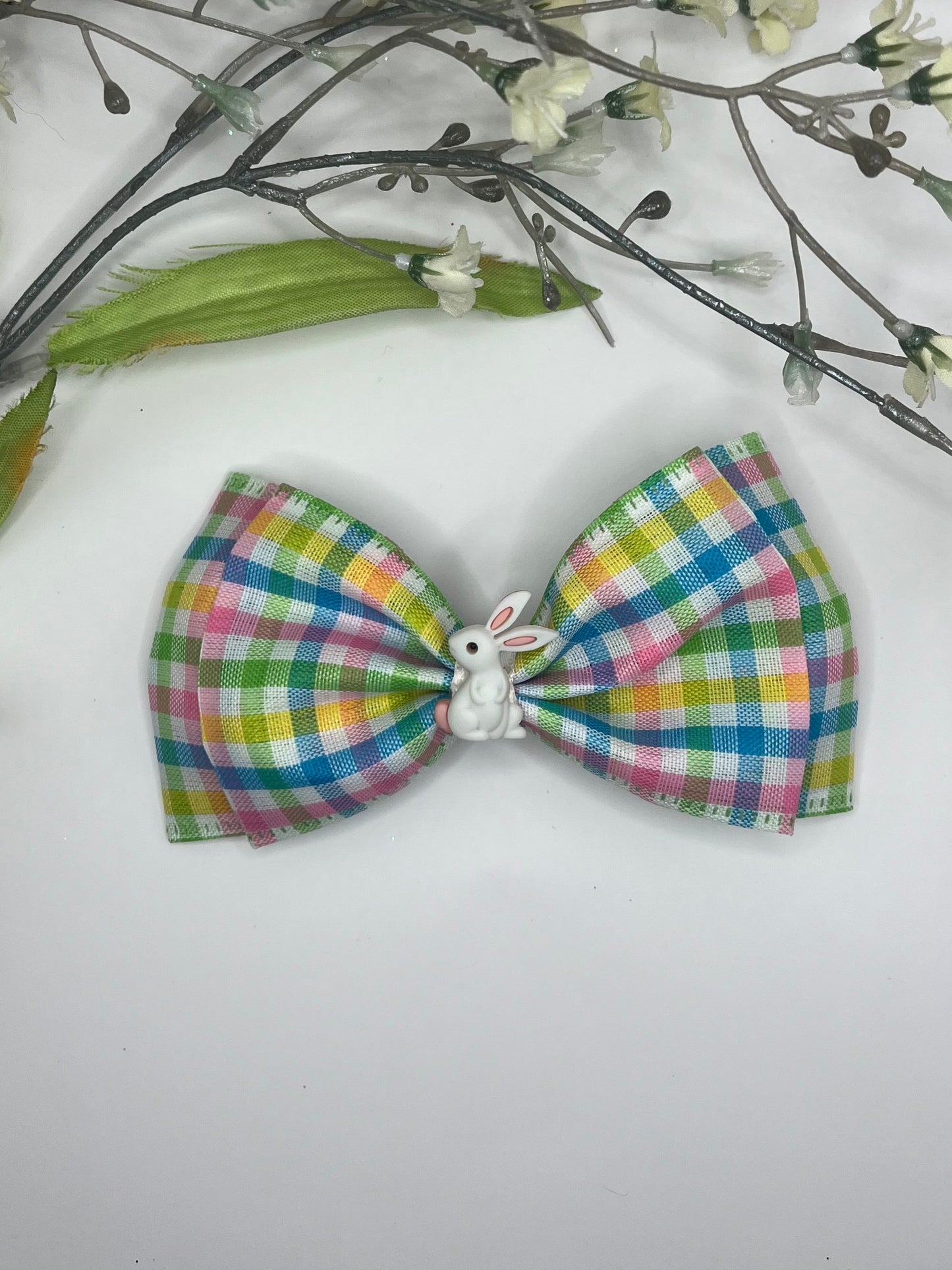 Plaid double layer with bunny charm clip in hair bow