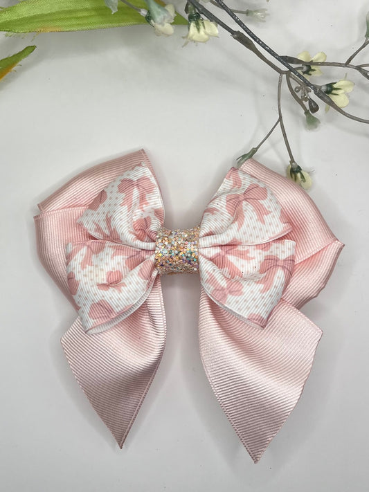 Pink bow print double layer tail clip in hair bow