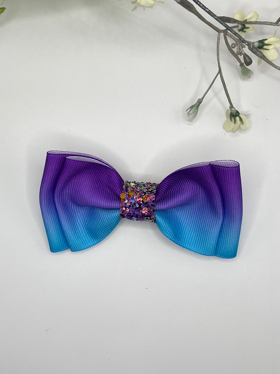 Purple & blue ombre double layer center pinch clip in hair bow