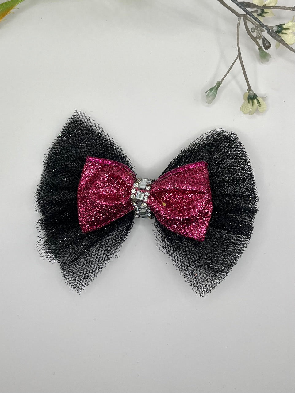 Pink sparkle taffeta over black sparkle tulle w/ rhinestone center clip in hair bow