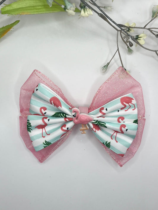 Flamingo double layer clip in hair bow