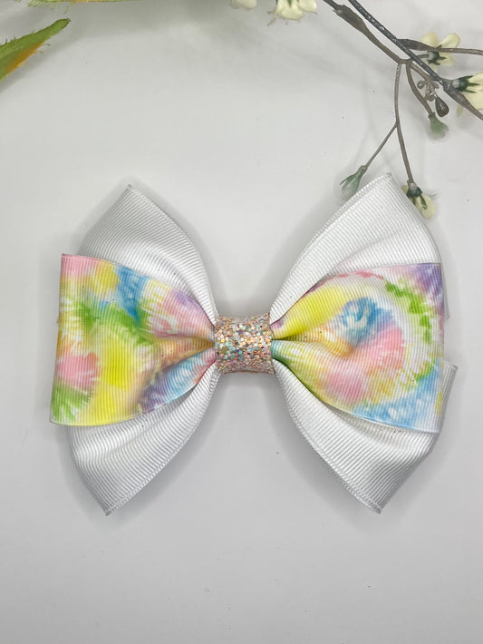 Pastel and white tie dye tuxedo clip in hair bow
