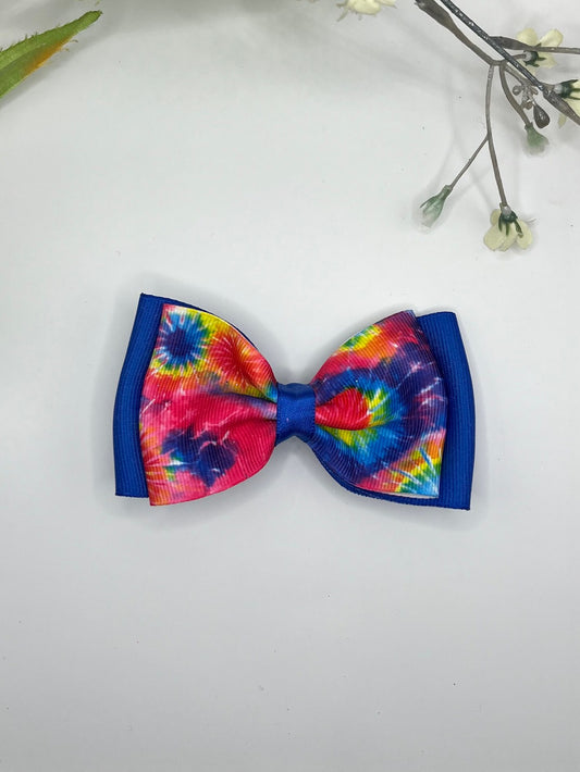 Bright tie dye combo double layer pinch center clip in hair bow
