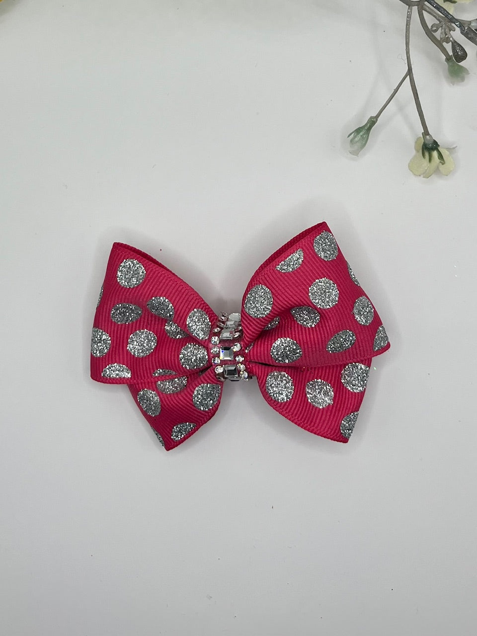 Pink & black polka dot butterfly pinch clip in hair bow