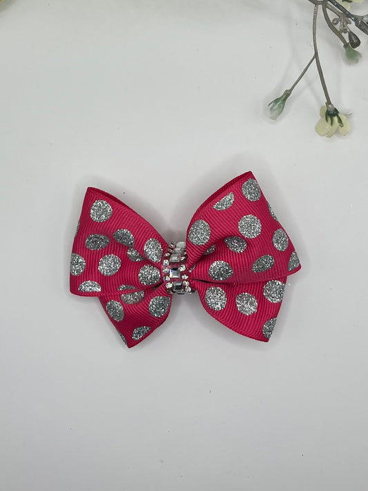 Pink & black polka dot butterfly pinch clip in hair bow