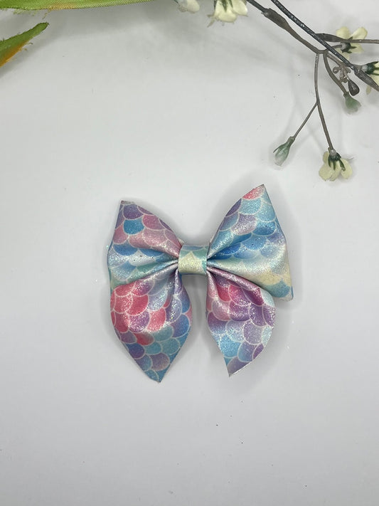 Mermaid print faux leather sailor clip in hair bow