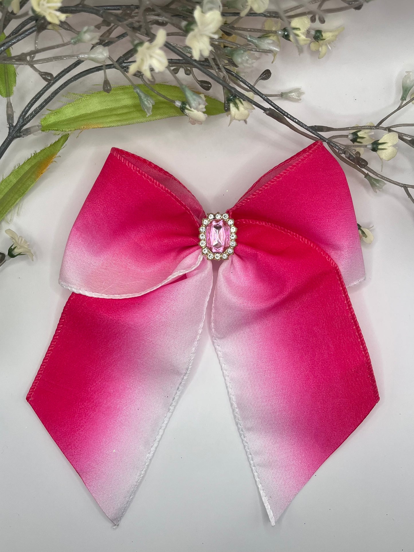 Neon Pink and white ombre cross over clip in hair bow