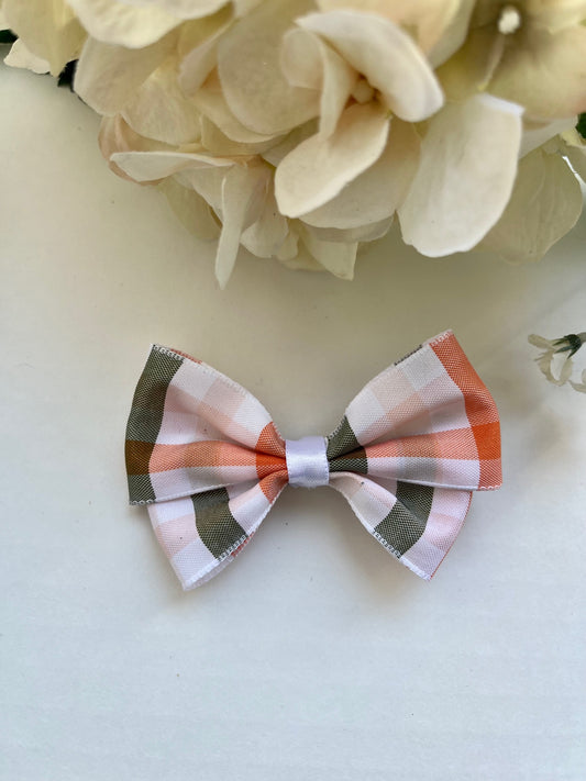 Ivory, orange and green plaid butterfly clip in hair bow
